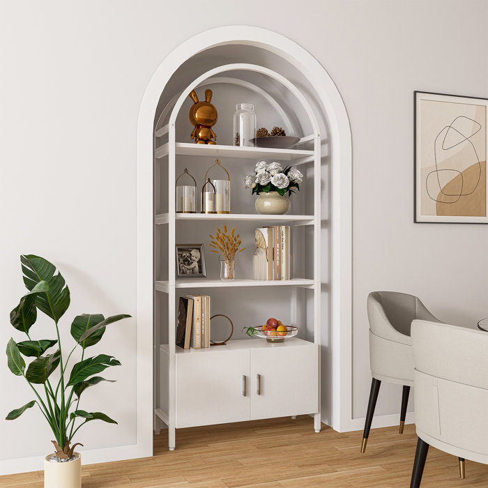 Mercer41 Gretlies Gold Bookshelf Arched Bookcase With Doors Hidden